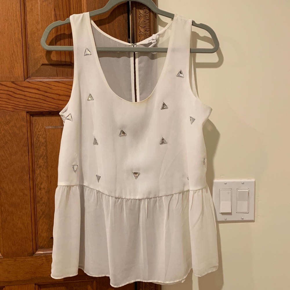 BCBG white loose studded gem peplum sheer tank M